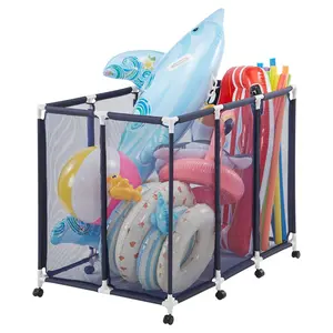Pool Storage Bin And Organizer With Rolling Casters, 48 X 33 X 39 Inch Large Durable Plastic Frame, Breathable Mesh Basket For Swimming Pools, Poolside Toys Noodles Floats Holder, Mats Towels Storage Solution
