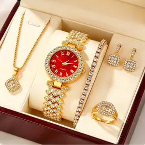 Red Dial Crystal Watch & Jewelry Set | Full Bling 5-Piece Gold-Tone Stack