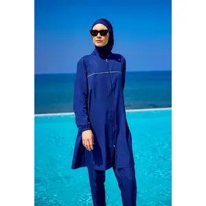 Women's 3-Piece Full Coverage Burkini Set, Quick-Drying Polyester Modest Swimwear with High-Neck Tunic, Pants, and Included Swim Cap, M