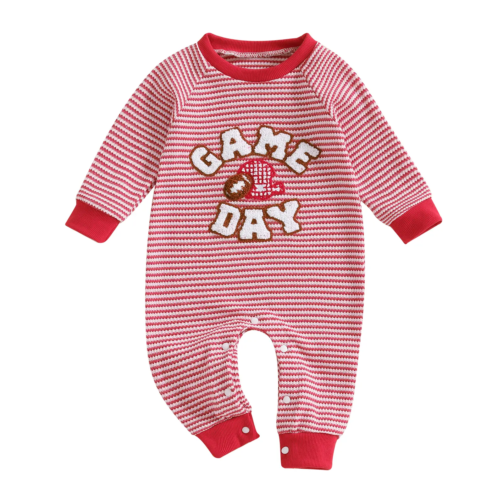 Newborn Baby Boy Football Game Day Outfit Rugby Embroidery Striped Romper Waffles Knit Long Sleeve Jumpsuit Warm Outfit