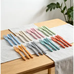 JUMRHFAN cutlery set, spoon and fork set, wheat straw tableware set, reusable tableware set, suitable for 8 people, for parties, travel, work, picnics, camping or everyday use.