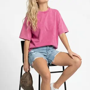 Yito Women’s Pink Acid Wash Heavy Cotton T-Shirt - Soft Breathable Short Sleeve Crewneck Tee for Casual Everyday Street Style