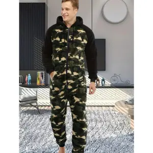 【Women's Day】 Men's Camo Novelty Print Hooded Drawstring One Piece Pajamas Long Sleeve Fabric Casual Loungewear