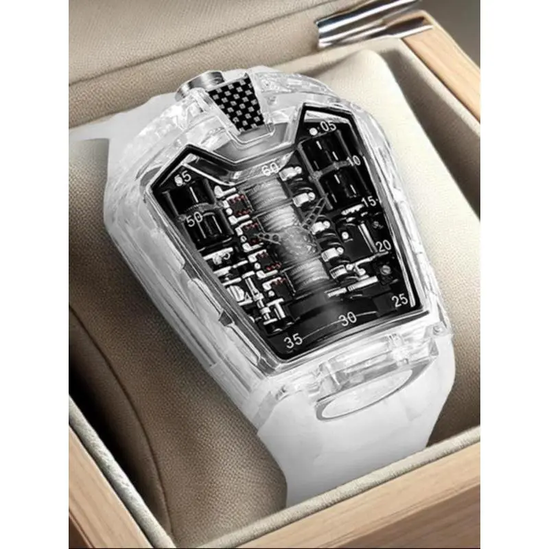 Men's Luxury Geometric Mineral Glass Dial Sleek Blacked-Out Quartz Watch - Trendy Silicone Strap Analog Timepiece, Exquisite Daily Accessory with Gift Box, Ideal Premium Gift for Him, Sleek Quartz Watches, Blacked-Out Quartz Watches