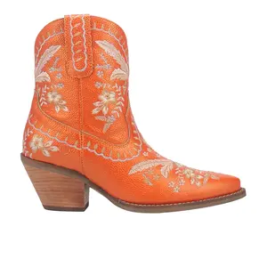 Dingo Womens Primrose Floral Embroidered Metallic Pull On Snip Toe  Casual Boots Ankle Mid Heel 2-3" - Orange