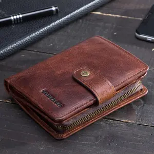 Genuine Leather RFID Vintage Wallet Men With Coin Pocket Short Wallets Small Zipper Walet With Mens Extra Capacity Billfold with 12 Credit Cards Slots, 100mm*120mm*40mm, Brown, M1280