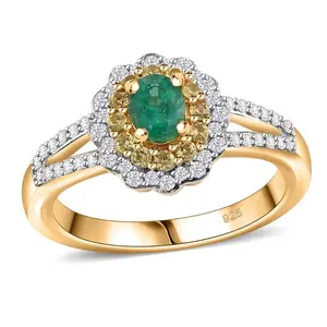 Colombian Emerald, Yellow Sapphire & Moissanite Halo Ring in 18k Yellow Gold over Sterling Silver 0.90ctw