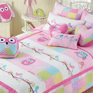 Pink Owl Print Patchwork Cotton Reversible Quilt Bedding Set Pink Owl Print Patchwork Cotton Reversible Quilt Bedding Set