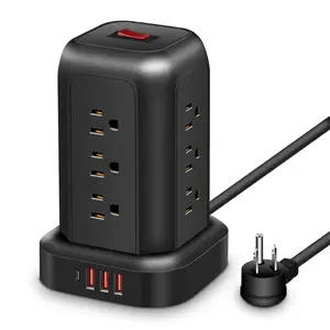 Surge Protector Power Bar Tower with 3 USB Type C Ports, 5ft Extension Cable with 12 Ac Multi-Sockets Power Tower, Overload Protection for Home Room Office and Dormitory vertical powerstrip Cover Black Compact