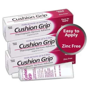 HOT! Cushion Grip Thermoplastic Denture Adhesive, 1 oz | Refits and Tightens Loose and Uncomfortable Dentures | Non-Glue Adhesive, Acts Like a Soft Reliner (Pack of 3)