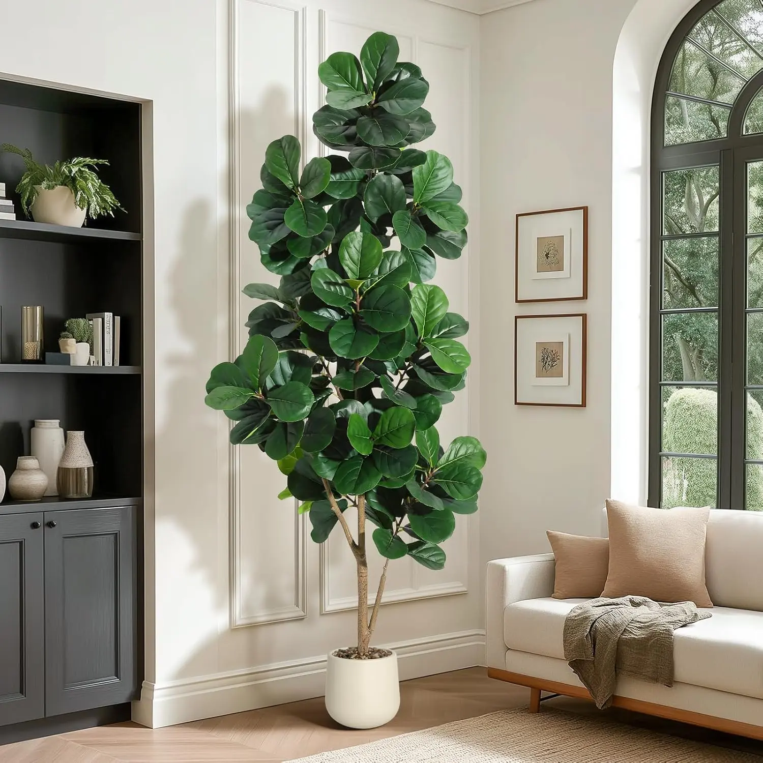 【Christmas Gift】7FT Minimalist Gray PVC High-Density Plastic Artificial Fiddle Leaf Fig Tree - 141 Leaves, Lifelike Look, Photorealism, Botanical Aesthetic, Sturdy 9in White Planter Pot, Indoor Decorative Floor Plant for Home Office
