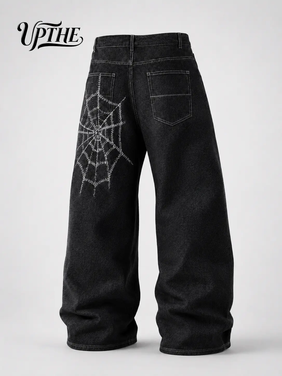 UP.THE Men's Black Baggy Wide Leg Jeans, Contrast Stitch Spider Web Embroidery Denim Pants, Y2K Gothic Punk Oversized Loose Fit Trousers, Skater Hip Hop Casual Streetwear Daily Bottoms