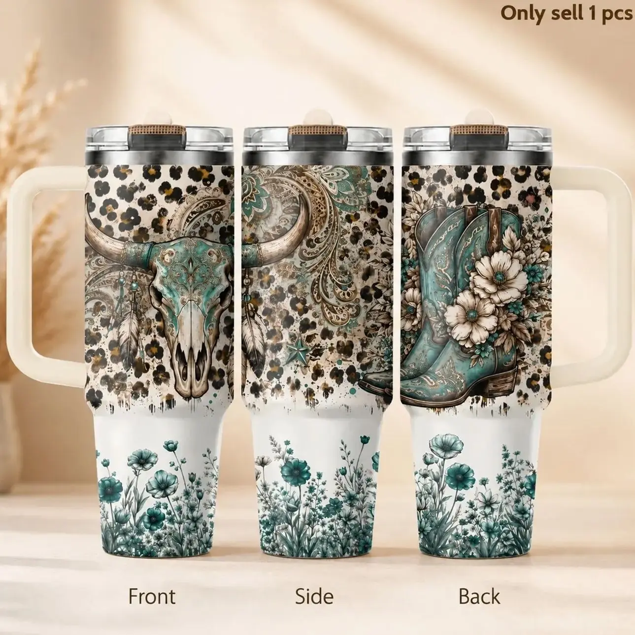 Western Cowgirl Boots 40oz Tumbler – Rustic Country Stainless Steel Insulated Travel Cup with Handle & Straw Lid for Coffee, Water, Ranch Life, Office, Car, Trendy Cowgirl Gift