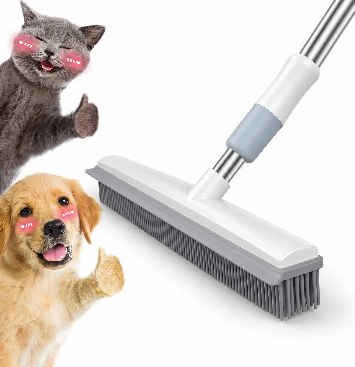 Multi-Purpose Metal Floor Scrub Brush with Bristle, Silicone Wipe, Rubber Squeegee Edge & Telescopic Adjustable Pole - Dual-Action Sweep Tool, Removable Easy-to-Clean Carpet Pet Hair Remover for Mirrors, Cleaning