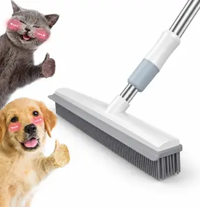 Multi-Purpose Floor Scrub Brush with Silicone Wipe, Rubber Squeegee & Adjustable Handle – Carpet Pet Hair Remover, Bathroom & Glass Cleaning Broom