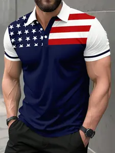 Men's Independence Day American Flag Print Polo Shirt, Summer Casual Fitted Short Sleeve Top, All Season Versatile Clothing