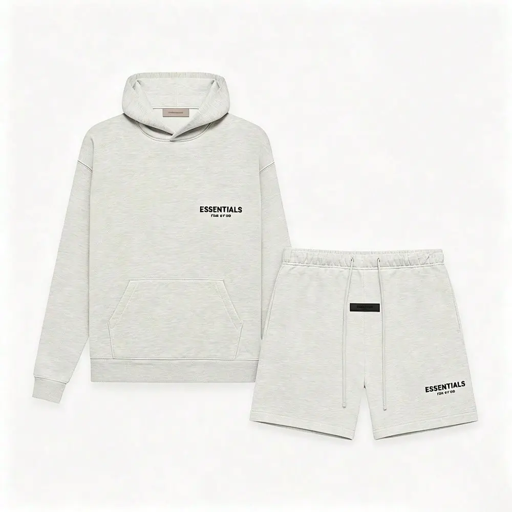 Essentials Fear of God Heavyweight Hoodie and Shorts Set Men Oversized Light Grey Fleece Sweatshirt Elastic Waist Lounge Shorts Tracksuit Top