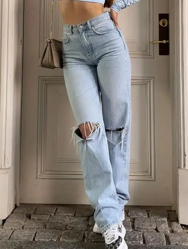 High Rise Straight Legs Loose Baggy Jeans, Ripped Knees Cut Out Front Wide Legs Distressed Light Blue Boyfriend Pants, Women's Denim & Clothing