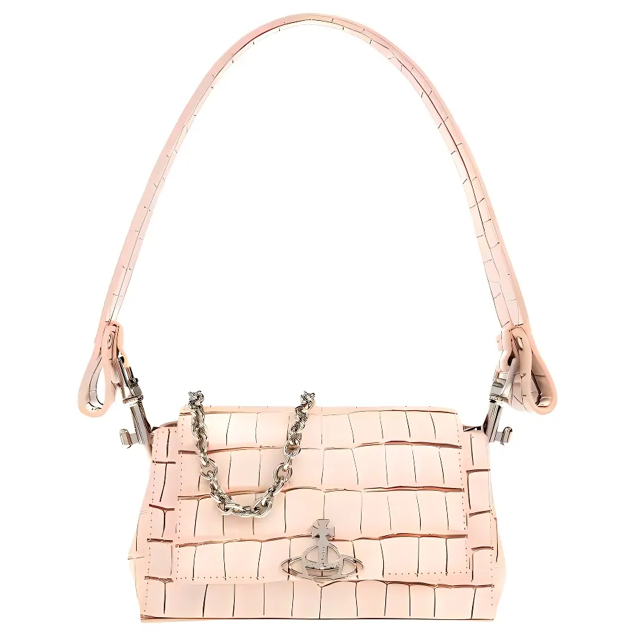 Women's Vivienne Westwood Saturn Logo Crocodile Grain Calfskin Flat Top Handle Crossbody Shoulder Purse, Pink Shoulder Bag, Crossbody Shoulder Purses
