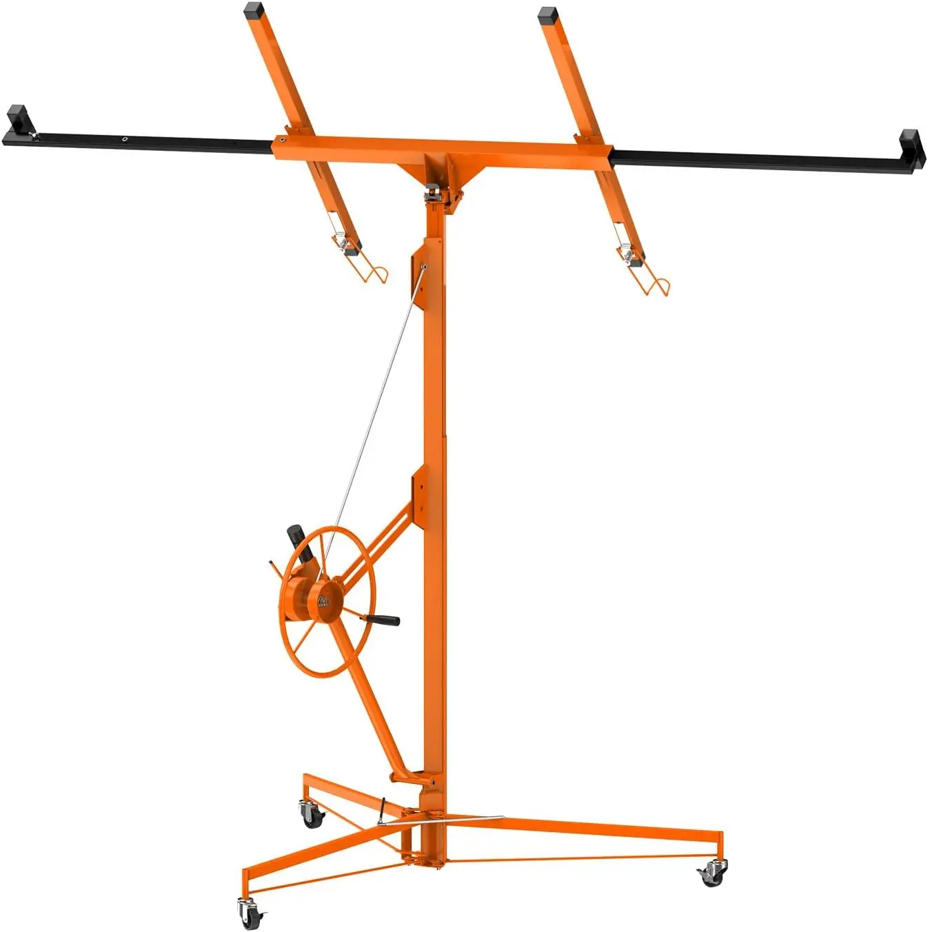 11FT Drywall Lift 150lbs Capacity, Panel Hoist with 360° Swivel & 60° Tilt, Heavy Duty Steel Plasterboard Jack for Ceiling Installation, Tool-Free Assembly, 3 Lockable Casters