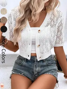Women's V Neck Plain Hollow Out Button Front Knit Cardigan, Casual Spring Summer Short Sleeve Cute Lightweight Short Cardigan, Fashion Women's Knitwear for Daily Wear, Summer Tops for Women, Short Sleeve Cardigan for Women, Elegance