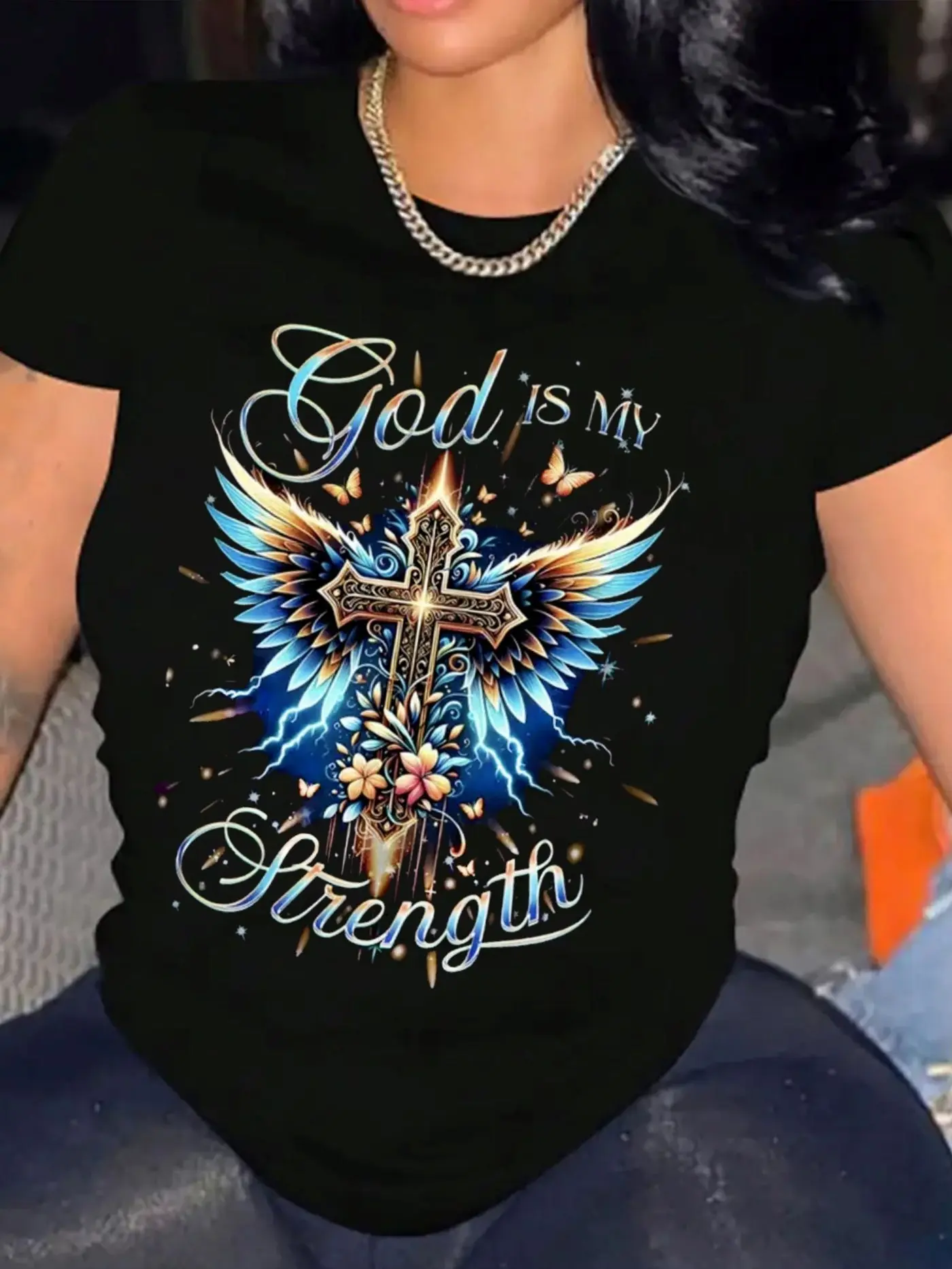 Women's "God is My Strength" Crewneck T-Shirt - Comfortable Cotton Blend Short-Sleeve, Soft Breathable Casual Top for Spring Summer Streetwear