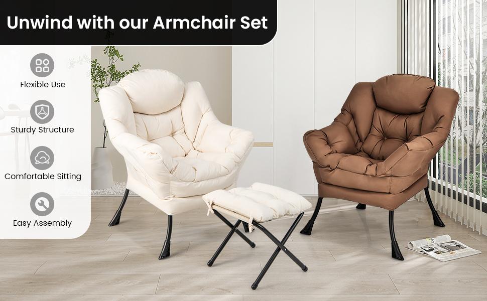 Costway Lazy Chair with Ottoman, Accent Sofa Chair with Folding Footrest, Side Storage Pocket, Upholstered Leisure Lounge Armchair with Stool for Bedroom, Living Room, Office, Christmas Festival Gift Black Friday Cyber Monday