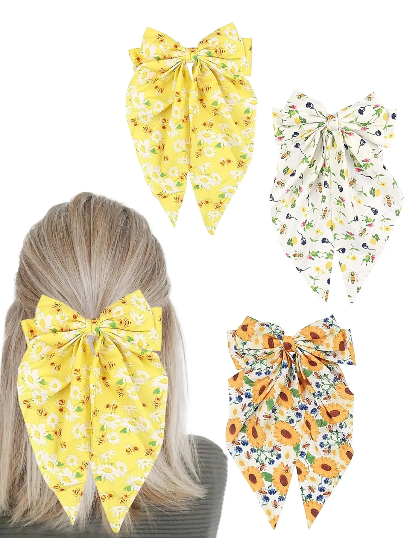 3pcs Sweet Sunflower Bee Print Bow Hair Clips, Spring Summer Fabric Elastic Hairpins, Daily Beach Vacation Use, Back Headband Hairstyle, Barrettes