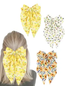 3pcs Sweet Sunflower Bee Print Bow Hair Clips, Spring Summer Fabric Elastic Hairpins, Daily Beach Vacation Use, Back Headband Hairstyle