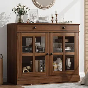 Modern Sideboard Buffet Cabinet with Glass Doors and Drawers – Versatile Storage for Entryway, Dining Room, Kitchen – Ideal Coffee Bar, Buffet – Available in White, Oak, Walnut