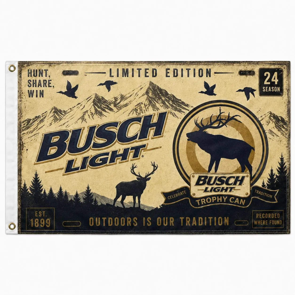 Busch Trophy Light Hunting Flag 3x5 Ft, Limited Edition Elk and Mountain Beer Banner, Vintage Outdoors Wall Decor for Garage, Man Cave, Hunting Cabin or Lodge, Gift for Hunters, Beer Fans and Rustic Collectors