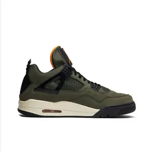 Military-Style High-Top Sneakers in Olive Green Suede with Black Mesh and Laces, Featuring Off-White Midsole and Black Outsole, Visible Heel Air Unit