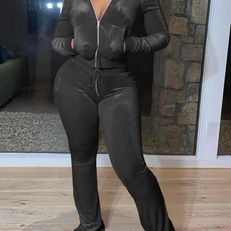 [Plus Size] Two-piece Set Fitted Hooded Long Sleeves Jacket & Elastic Pants with Pockets Soft Velvet Set for Daily Casual Wear, Women's Two-piece Outfits for Fall & Winter, Womenswear, Lady, Matching Outfits Set, Fitted Clothing Set