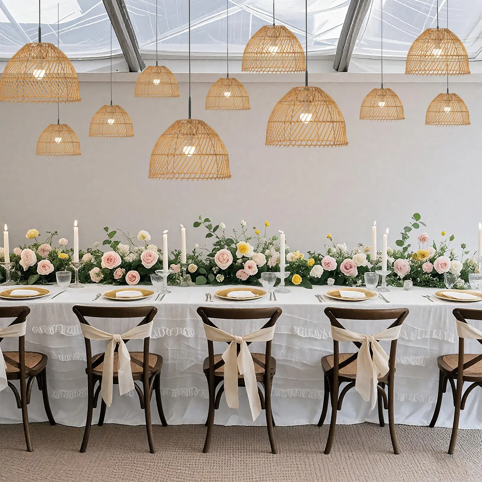 3-Pack Boho Rattan Light Shades, Natural Handwoven Dome-Shape Lighting Covers (16in Diameter) - Shade Only for Weddings, Rustic Farmhouse Events