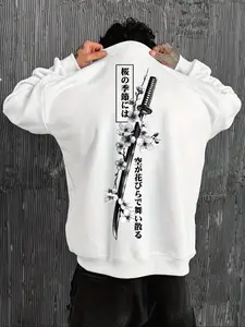 Elegant Oversized Round Neck Sweater, Japanese Style Samurai Sword & Cherry Blossom Design, Unisex Fall Winter Fashion