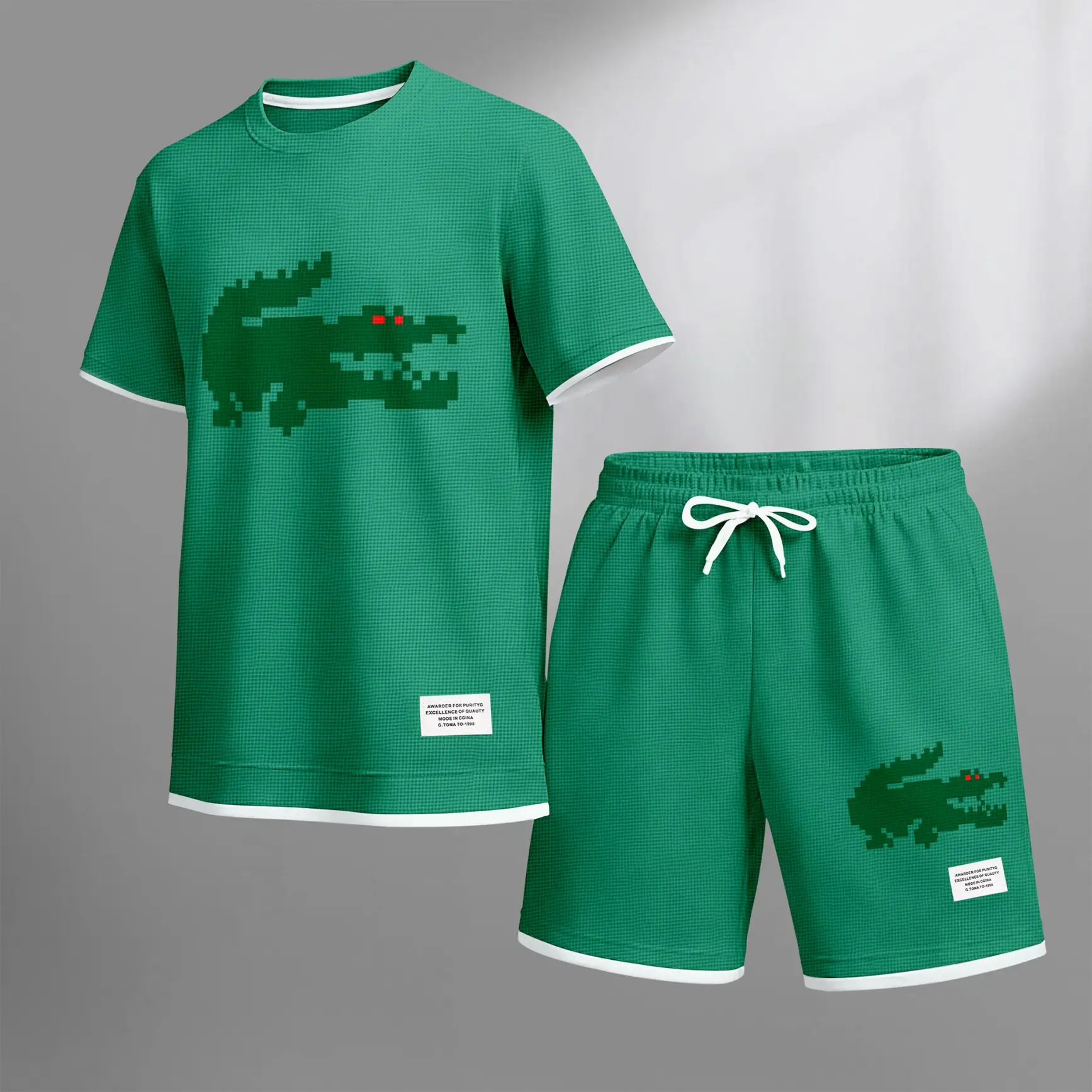 Men's Fun Pixel Animal Graphic Two Piece Set, Retro Gaming Style T-Shirt and Shorts Outfit, Casual Summer Streetwear, Comfortable Lightweight Relaxed Fit Daily Wear