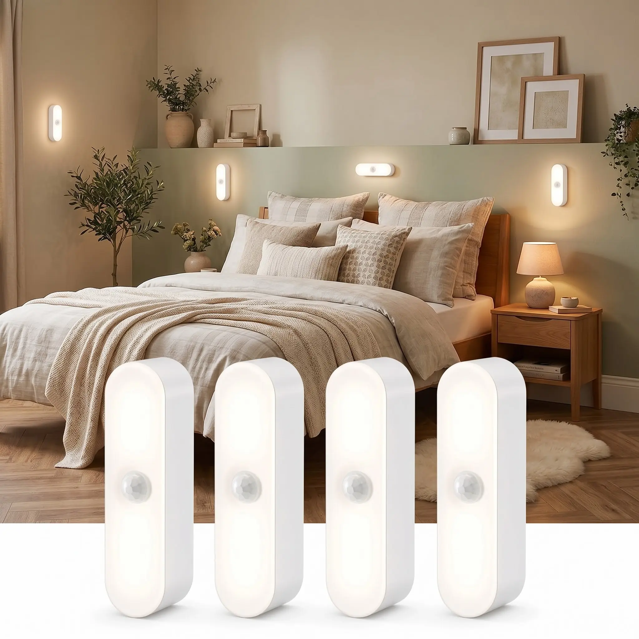 4 Packs PIR Motion Sensor LED Night Light, USB Rechargeable Battery Powered, Waterproof Magnetic Stick On Design, Auto On Off Dusk to Dawn, Cordless Portable Wall Light for Shower Bathroom Home Indoor Use bedroom Personalized room decor minimalist