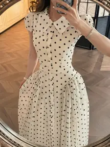 Polka Dot Dress, Stand Collar Short Sleeve, Waist Cinched A-Line, Vintage Elegance, Lightweight Skirt, casual wear, Daily Wear Choice, Women