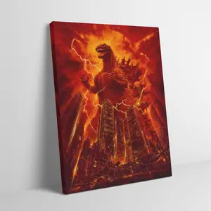 Godzilla City Destruction Black Flash Style Wall Flag Canvas Painting Fans Mid-century Modern Aesthetic Home Decor Monster Movie Art Print Poster