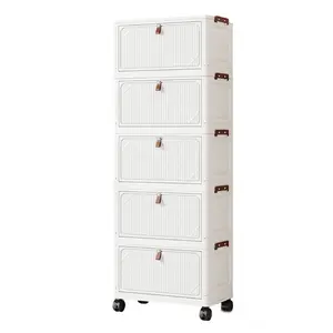 New Multi-tier Stackable Transparent Door Storage Cabinet with Roller Foldable Plastic Storage Drawer, Space-Saving Wardrobe Storage Supplies, Suitable for Kitchen, Bedroom, Bathroom