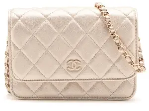 Pre-owned CHANEL Lambskin Shoulder Bags Iridescent Gold Mini Wallet On Chain with Diamond Quilted Pattern