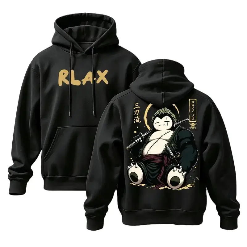 Japanese Inspired Warrior Graphic Hoodie, Cartoon Swordsman Character Print Pullover Sweatshirt, Soft Comfortable Long Sleeve Hooded Top, Regular Fit Casual Streetwear Hoodie for Daily Wear, Weekend Outfits and Anime Style