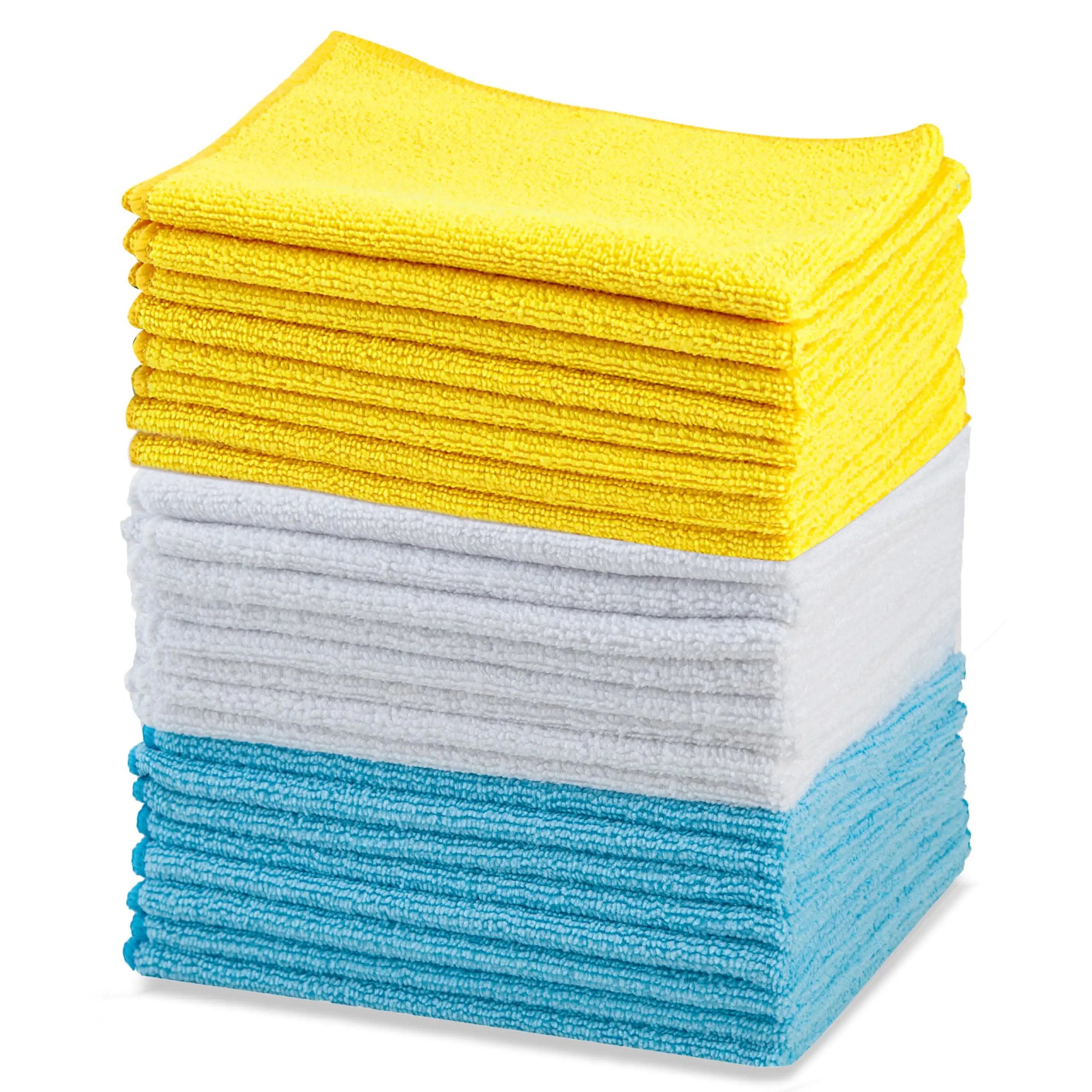 Microfiber Cleaning Cloths, Basics 16x12-inch Soft Water-Absorbent Lint-Free Streak-Free Non-Abrasive Reusable Washable Cloths for Cleaning Cars, Trucks, Boats, Blue/White/Yellow, Pack of 24