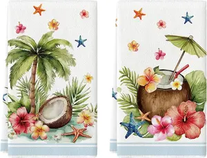 Starfish Coconut Tree Flowers Summer Kitchen Towels Dish Towels, 18x26 Inch Farmhouse Spring Decoration Cleaning Set of 2