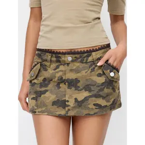 Cider Camo Denim Low Rise Lace Panel A-line Mini Skirt