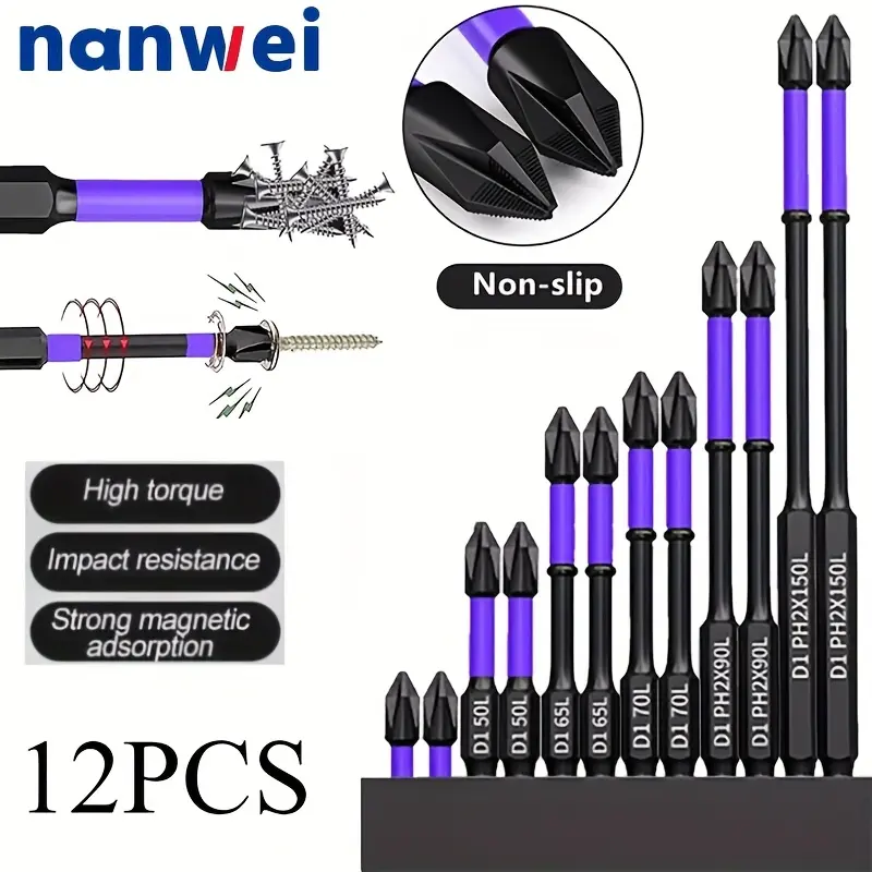 NANWEI 12pcs Magnetic Impact Bit Set: Non-Slip, Strong, Cross-Hard, High-Torque Screwdriver And Drill Bit Set With Magnetizer And Demagnetizer. Made Of Waterproof, Rust-proof, Wear-resistant, And Durable S2 Steel