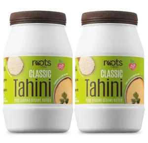 Roots Circle All-Natural Sesame Tahini Paste | 100% Pure Rich & Creamy Ground Sesame Seed Paste for Hummus, Tahini Sauce, Dressing & Dips | Vegan, Kosher | Non-GMO, Gluten & Peanut-Free | 2 Jars 16 Oz