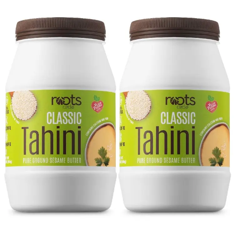 Roots Circle All-Natural Sesame Tahini Paste | 100% Pure Rich & Creamy Ground Sesame Seed Paste for Hummus, Tahini Sauce, Dressing & Dips | Vegan, Kosher | Non-GMO, Gluten & Peanut-Free | 2 Jars 16 Oz