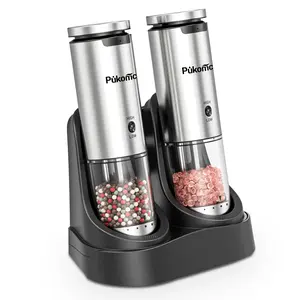 Pukomc Smart Electric Grinder Set – 6 adjustable coarseness levels, rechargeable base with LED light, one-handed operation, detachable for easy cleaning. Includes 12 grinding refills & accessories.