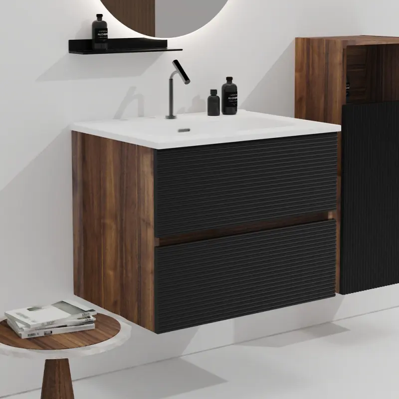 Gloria 24" Wall Mounted Soft Black & Walnut Bathroom Vanity with Integrated Ceramic Sink with Overflow, Large Storage Floating Bathroom Vanity for Modern Bathroom, Pre-assembled